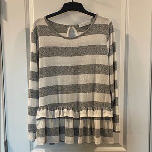 Striped Gray and White Ruffle Sweater, Women’s Small